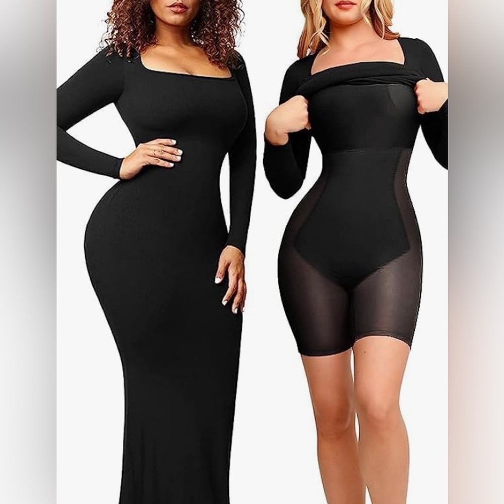 Popilush Long Sleeve Black Long Dress with shapewear✨